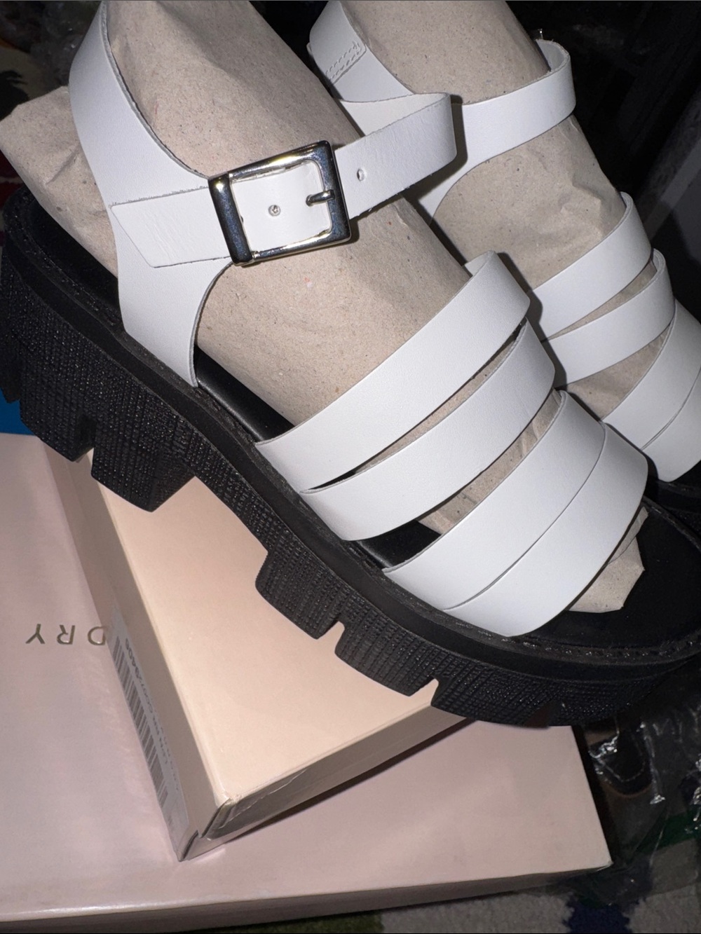 Chinese Laundry White Strappy Platform Sandals with Black Lug Sole